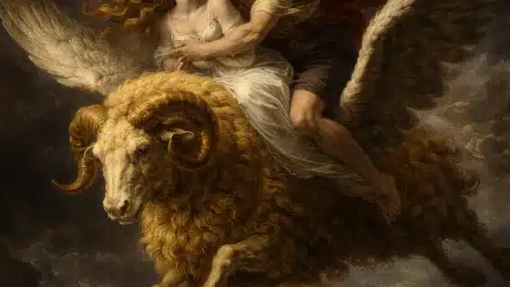 Φρίξος και Έλλη πάνω στο χρυσόμαλλο κριάρι σε δραματικό στυλ με έντονο κοντράστ φωτός και σκιάς