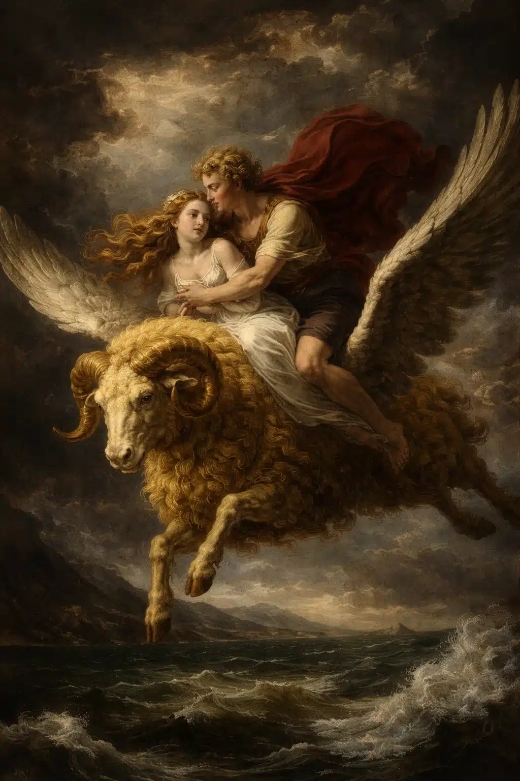 Φρίξος και Έλλη πάνω στο χρυσόμαλλο κριάρι σε δραματικό στυλ με έντονο κοντράστ φωτός και σκιάς