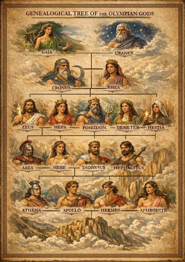 Κατέβασε δωρεάν PDF με το γενεαλογικό δέντρο των Ολύμπιων θεών. Δες όλες τις σχέσεις της ελληνικής μυθολογίας σε ένα εύχρηστο διαδραστικό διάγραμμα.