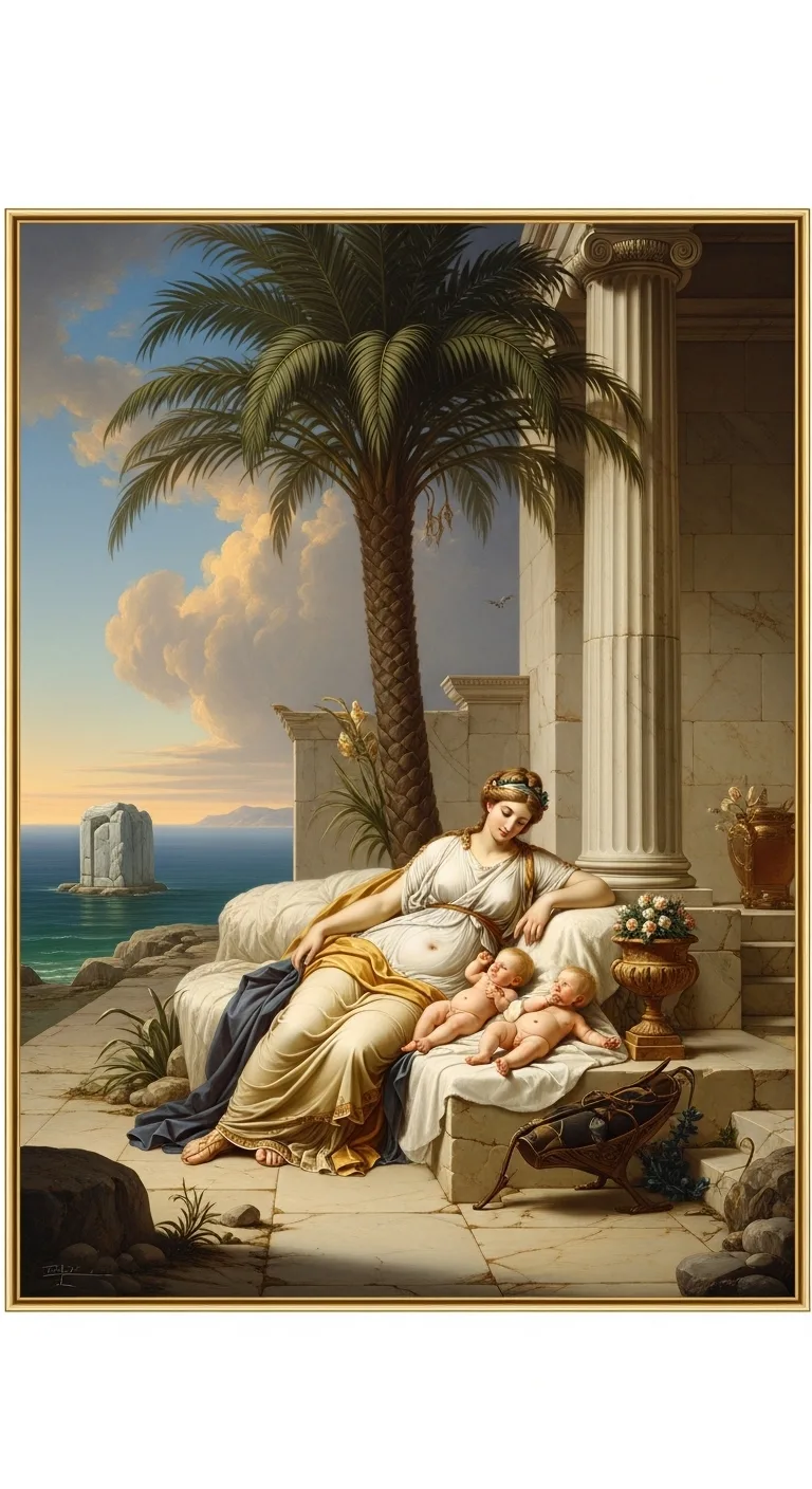 The goddess Leto gives birth to Artemis and Apollo on the sacred island of Delos.