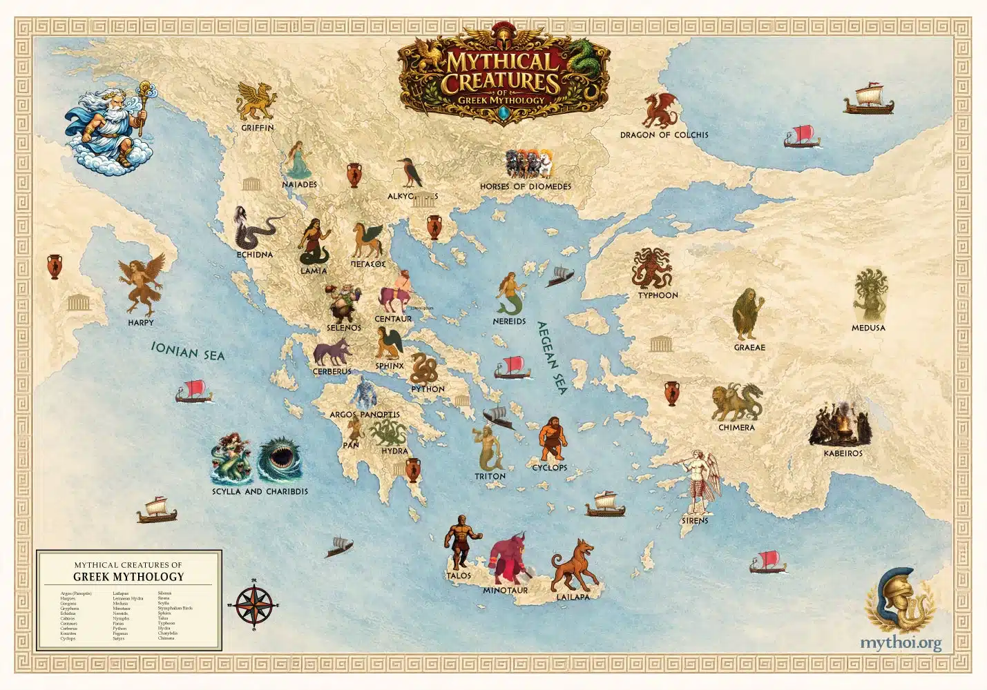 Χάρτης μυθικών πλασμάτων της ελληνικής μυθολογίας με τοποθεσίες στην αρχαία Ελλάδα