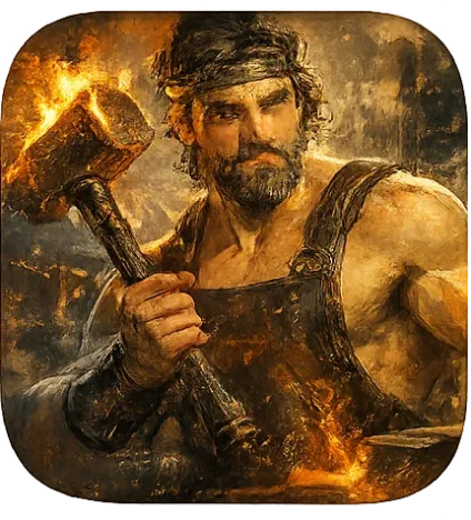 Hephaestus, a god of fire and metallurgy in Greek mythology, holding a hammer inside the ironworks.