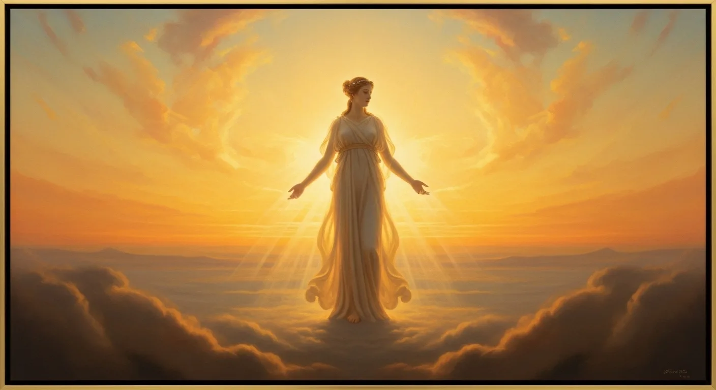 Ημέρα η αρχέγονη θεά της ημέρας στην ελληνική μυθολογία, εικονογράφηση με φως ανατολής