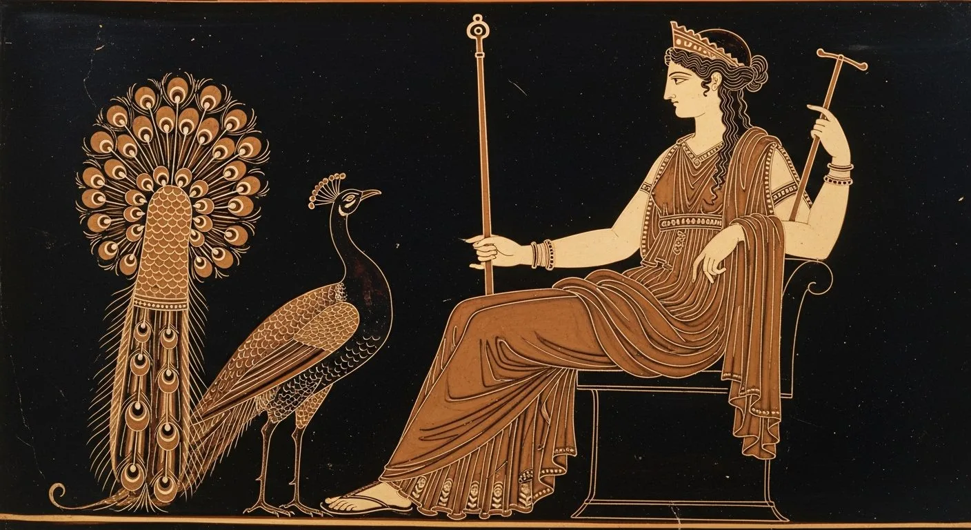 Η Ήρα, βασίλισσα των θεών στην ελληνική μυθολογία, με βασιλική ενδυμασία και σύμβολα εξουσίας.