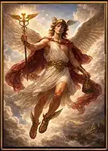 Ερμής, θεός των αγγελιών, του εμπορίου και των ταξιδιών στην ελληνική μυθολογία, με φτερωτά σανδάλια και θώρακα, κρατώντας το κηρύκειο