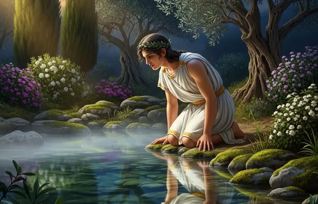 Νάρκισος κοιτάζει την αντανάκλασή του σε πηγή – Μύθος του Νάρκισου στην ελληνική μυθολογία