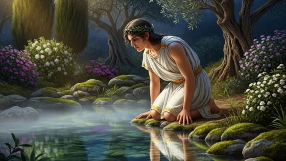 Νάρκισος κοιτάζει την αντανάκλασή του σε πηγή – Μύθος του Νάρκισου στην ελληνική μυθολογία