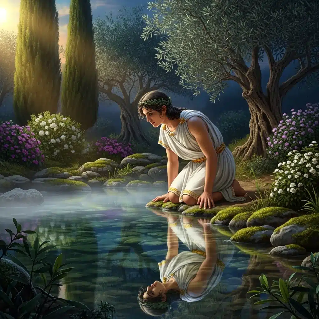 Νάρκισος κοιτάζει την αντανάκλασή του σε πηγή – Μύθος του Νάρκισου στην ελληνική μυθολογία