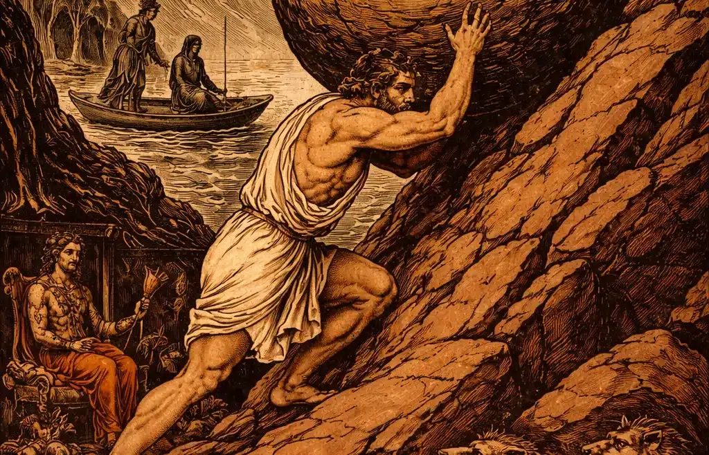 Ο μύθος του Σίσυφου Ο Σίσυφος σπρώχνει τον τεράστιο βράχο στην ανηφόρα του Άδη