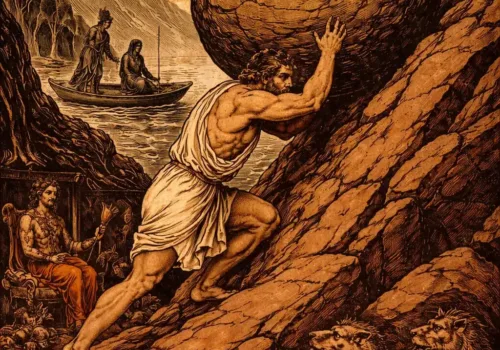 The myth of Sisyphus Sisyphus pushes the huge rock to the height of Hades
