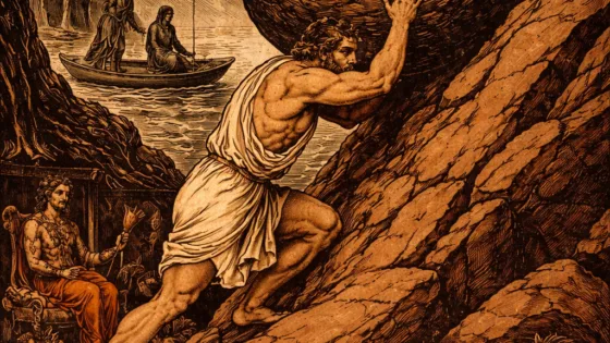 Ο μύθος του Σίσυφου Ο Σίσυφος σπρώχνει τον τεράστιο βράχο στην ανηφόρα του Άδη