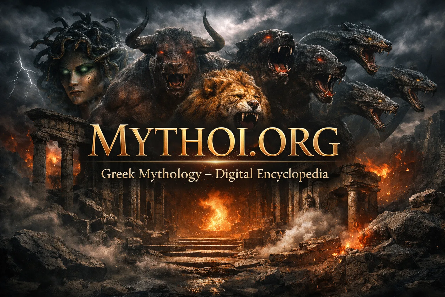 Greek mythology, mythical creations, Greek monsters, dark fantasy, mythology trailer, ancient myths, Medusa, Minotaur, Cerberus, Hydra, mythological bests, AI mythology video