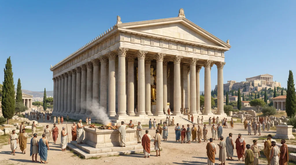Representation of the Temple of Olympian Zeus in ancient Athens with the Corinthian columns