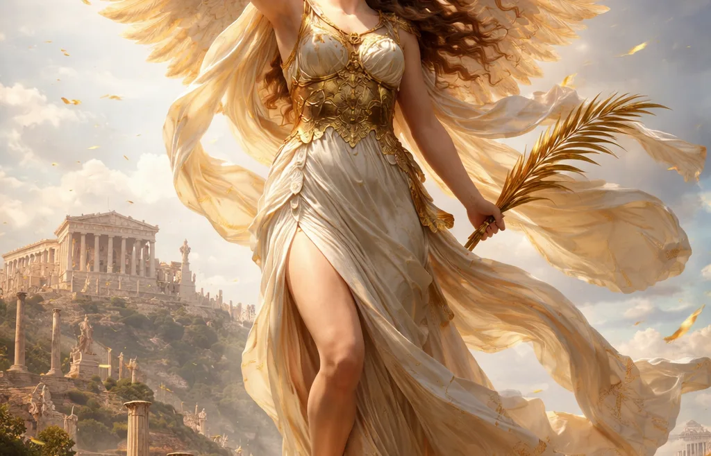 Θριαμβευτική απεικόνιση της θεάς Νίκης με φτερά, κρατώντας στεφάνι δάφνης και κλάδο ελιάς, πάνω σε αρχαίο ελληνικό τοπίο με ναούς.