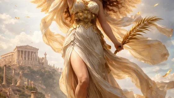 Θριαμβευτική απεικόνιση της θεάς Νίκης με φτερά, κρατώντας στεφάνι δάφνης και κλάδο ελιάς, πάνω σε αρχαίο ελληνικό τοπίο με ναούς.