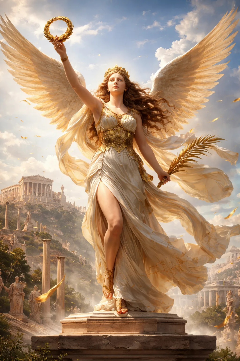 Θριαμβευτική απεικόνιση της θεάς Νίκης με φτερά, κρατώντας στεφάνι δάφνης και κλάδο ελιάς, πάνω σε αρχαίο ελληνικό τοπίο με ναούς.