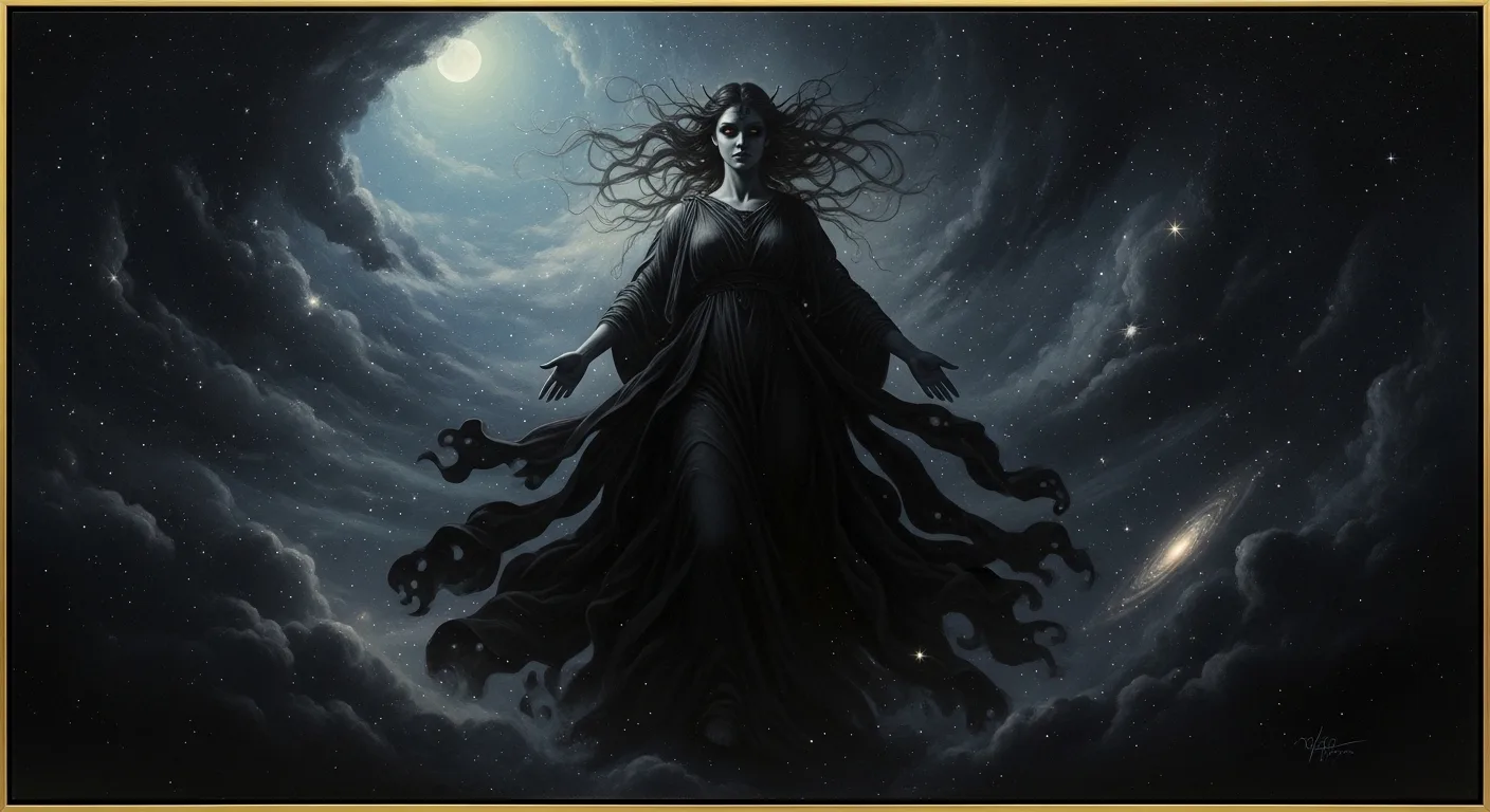Νύξ η αρχέγονη θεά της νύχτας στην ελληνική μυθολογία με σκοτεινή μυστηριακή ατμόσφαιρα
