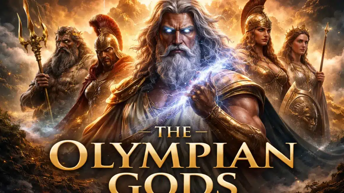The Olympian Gods cinematic artwork featuring Zeus with lightning on Mount Olympus