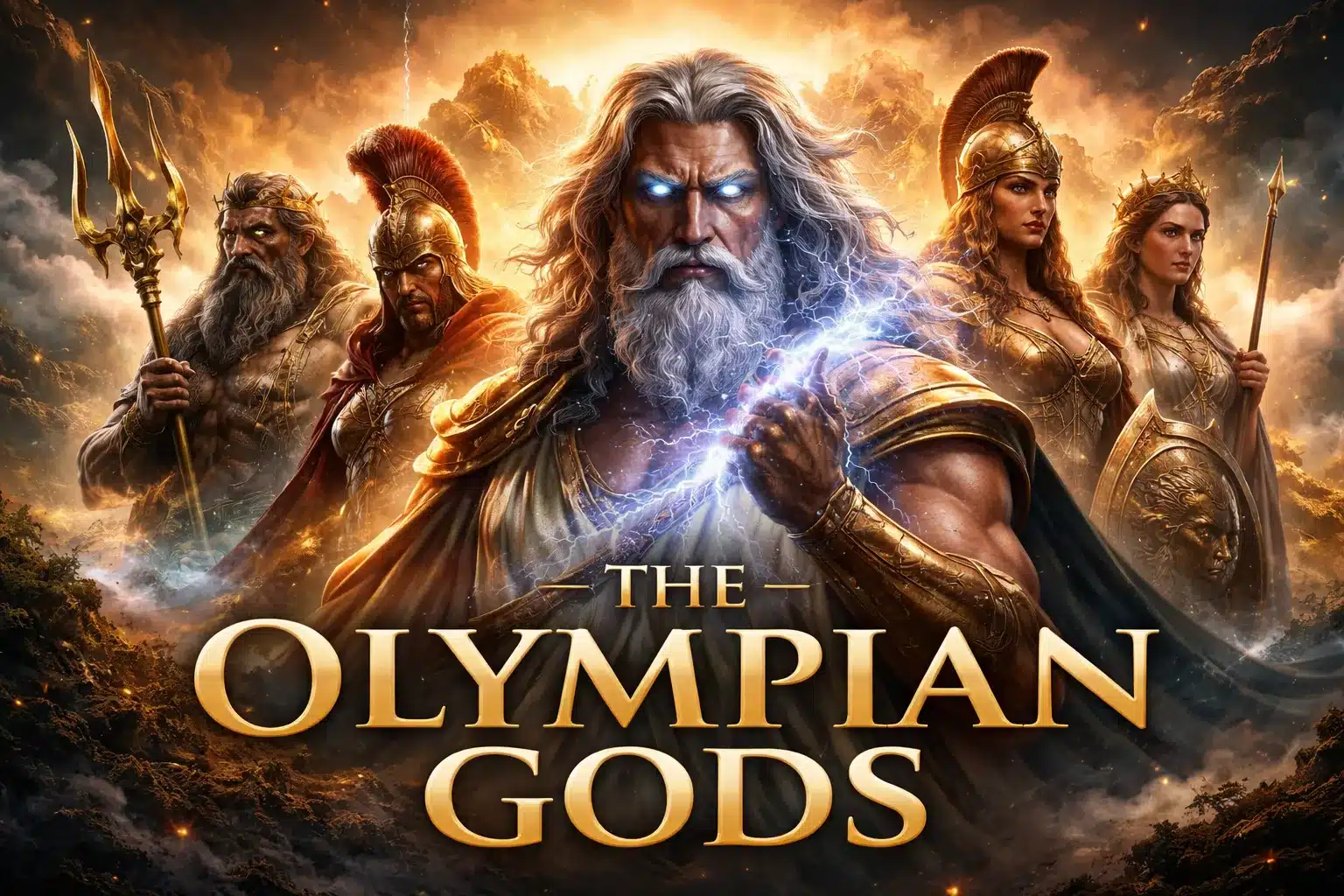 The Olympian Gods cinematic artwork featuring Zeus with lightning on Mount Olympus