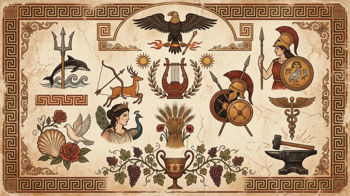 Σύμβολα των θεών του Ολύμπου σε αρχαίο ελληνικό στυλ ζωγραφικής