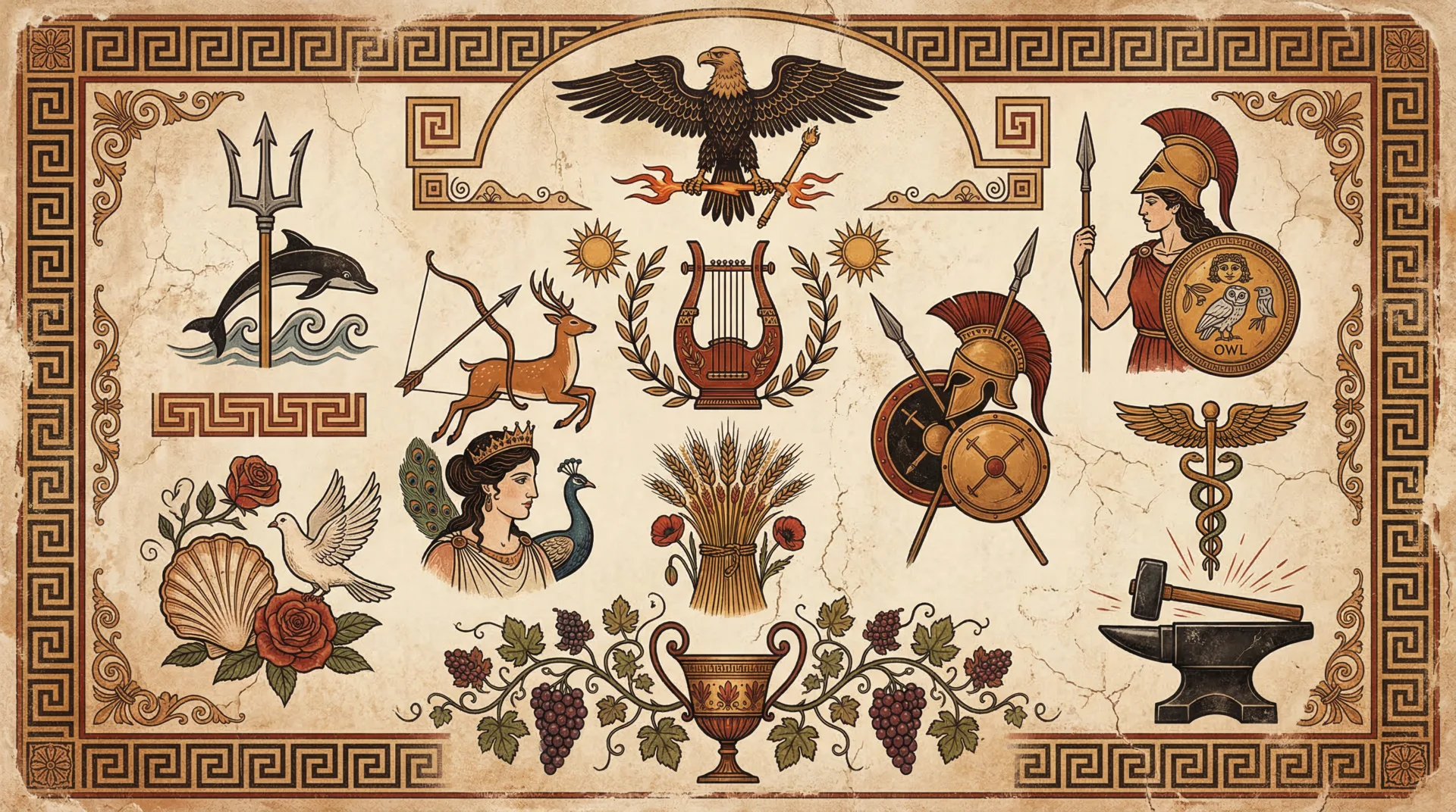 Σύμβολα των θεών του Ολύμπου σε αρχαίο ελληνικό στυλ ζωγραφικής