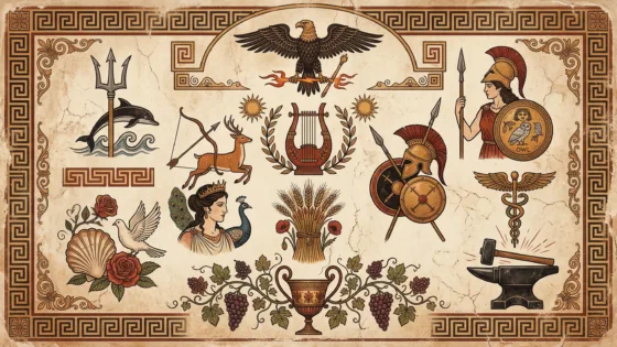 Σύμβολα των θεών του Ολύμπου σε αρχαίο ελληνικό στυλ ζωγραφικής