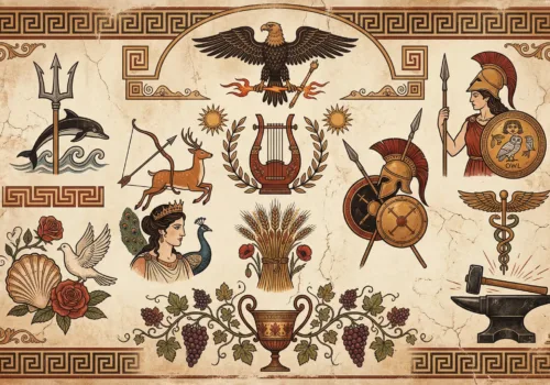 Greek gods symbols and Meanings in ancient Greek style of painting