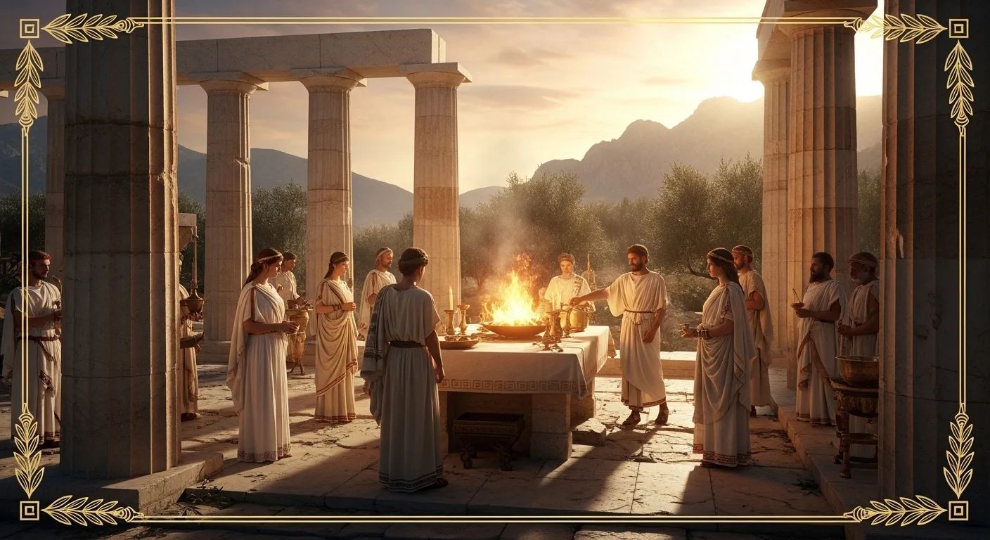 Worship ceremonies in ancient Greece with priests and offerings at a temple