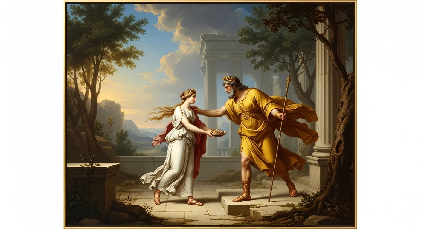 Zeus falls in love with Leto in a scene from Greek mythology.