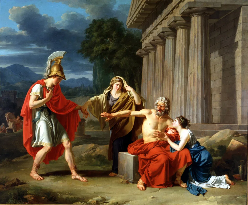 Oedipus in ancient Greek style facing his fate