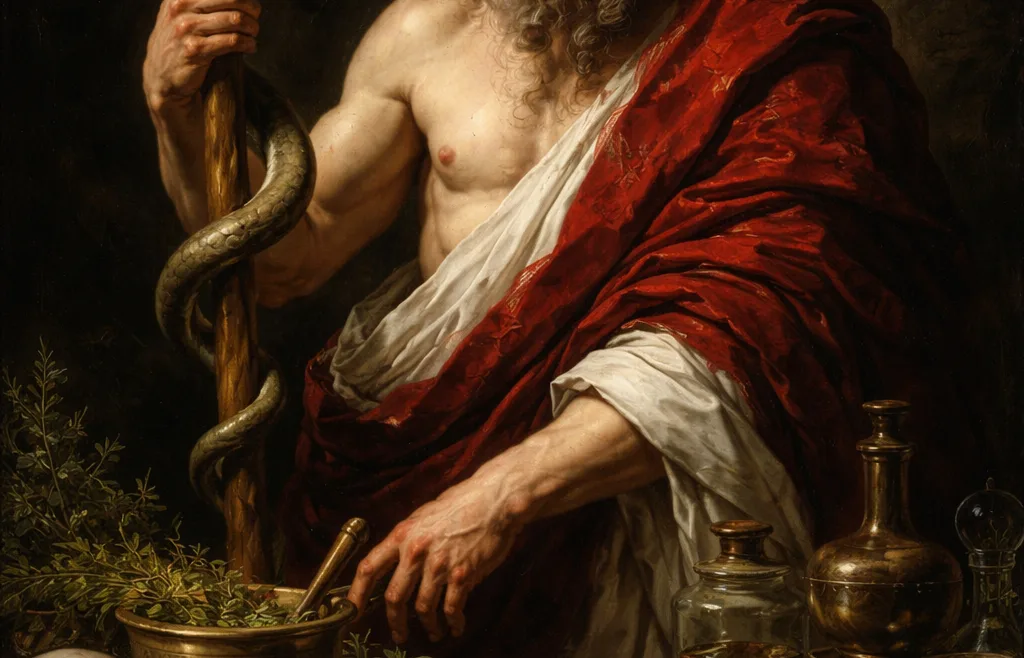 Ασκληπιός θεός της ιατρικής με ράβδο και φίδι σε δραματικό φωτισμό στυλ Caravaggio