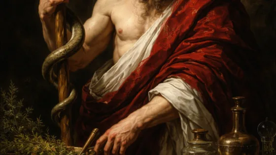 Ασκληπιός θεός της ιατρικής με ράβδο και φίδι σε δραματικό φωτισμό στυλ Caravaggio