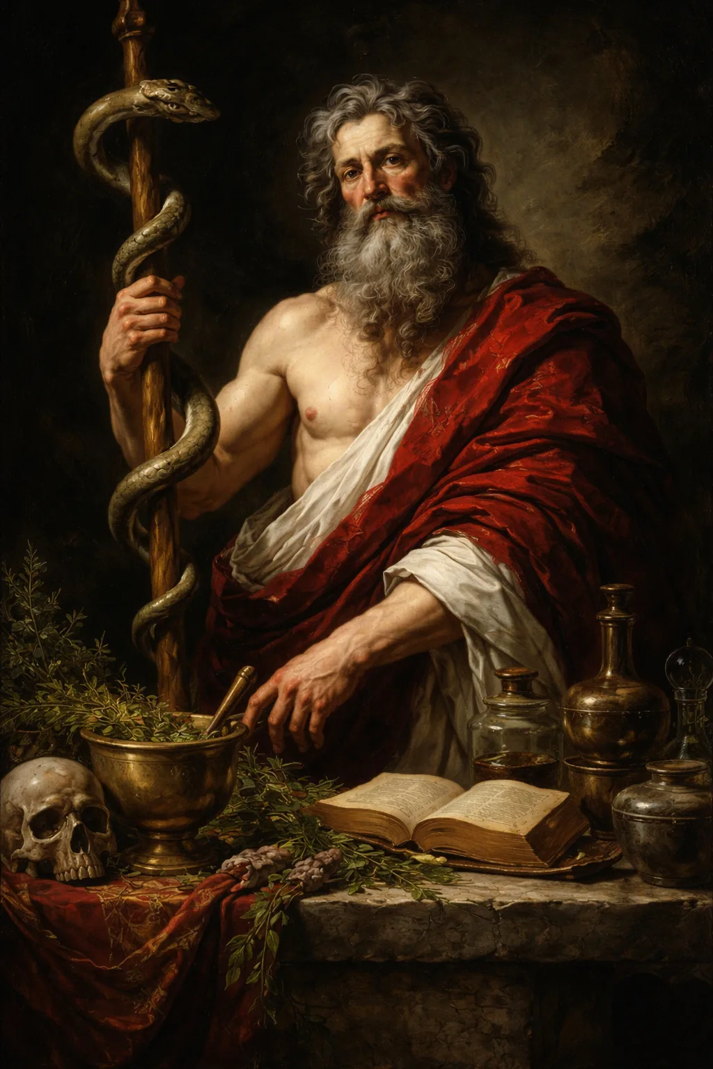 Ασκληπιός θεός της ιατρικής με ράβδο και φίδι σε δραματικό φωτισμό στυλ Caravaggio