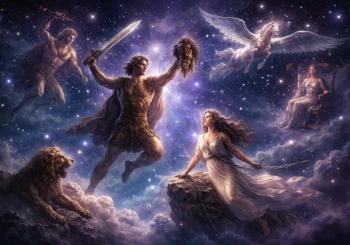 Constellations of Greek mythology in the night sky with Orion and Andromeda