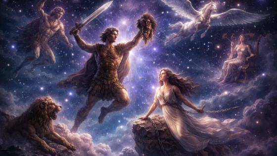 Αστερισμοί της ελληνικής μυθολογίας στον νυχτερινό ουρανό με τον Ωρίωνα και την Ανδρομέδα