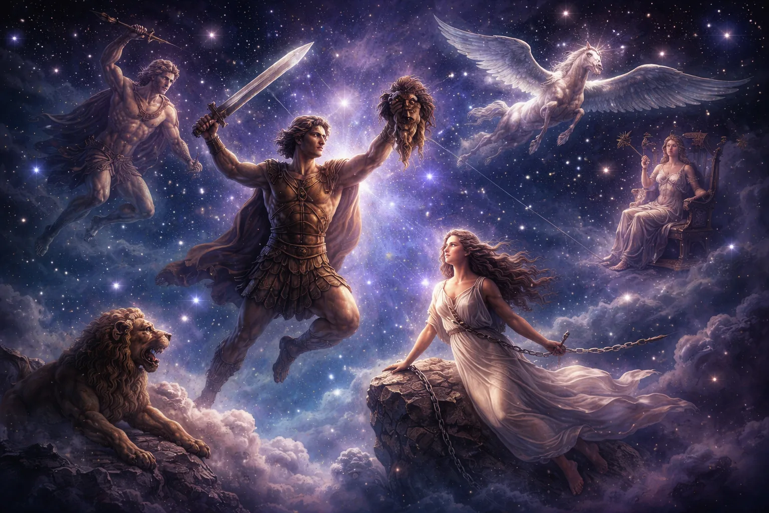 Αστερισμοί της ελληνικής μυθολογίας στον νυχτερινό ουρανό με τον Ωρίωνα και την Ανδρομέδα