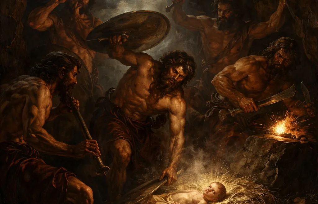 Idea rings protect Zeus in a cave in Crete in Caravaggio style