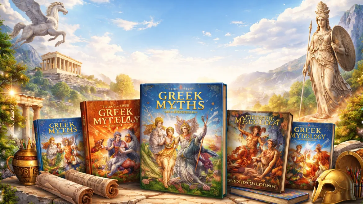 Ελληνική μυθολογία βιβλία με θεούς του Ολύμπου, αρχαίο ελληνικό τοπίο και βιβλία μυθολογίας για παιδιά και ενήλικες