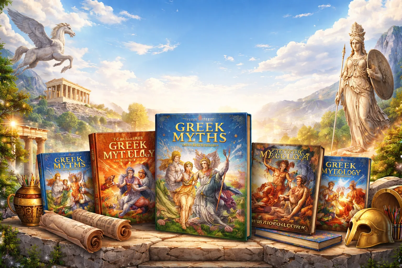 Ελληνική μυθολογία βιβλία με θεούς του Ολύμπου, αρχαίο ελληνικό τοπίο και βιβλία μυθολογίας για παιδιά και ενήλικες