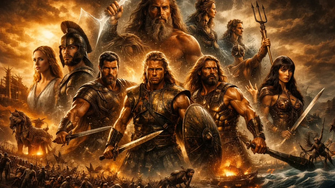 Cinematic image of Greek mythology with Achilles, Hercules, Perseus, Zeus and Leonidas in epic Netflix-style poster