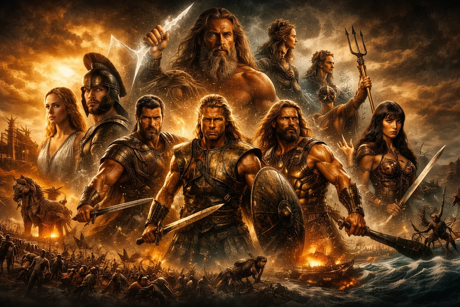 Cinematic image of Greek mythology with Achilles, Hercules, Perseus, Zeus and Leonidas in epic Netflix-style poster