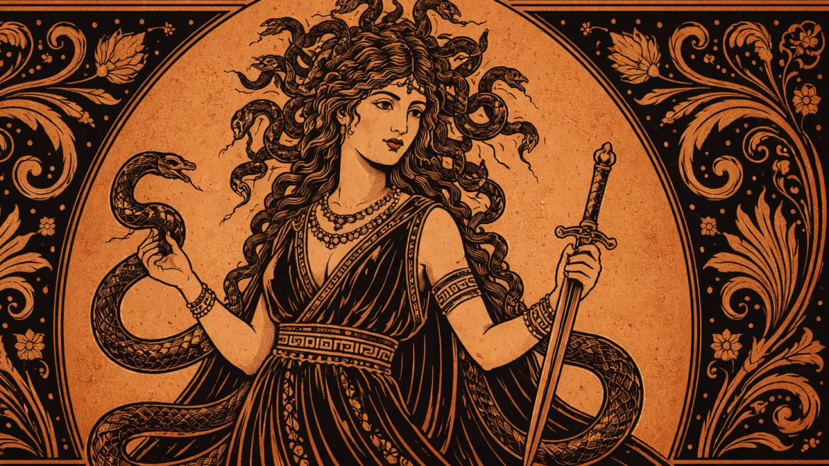 Medusa in ancient Greek artistic style with snakes in the hair, inspired by angiography