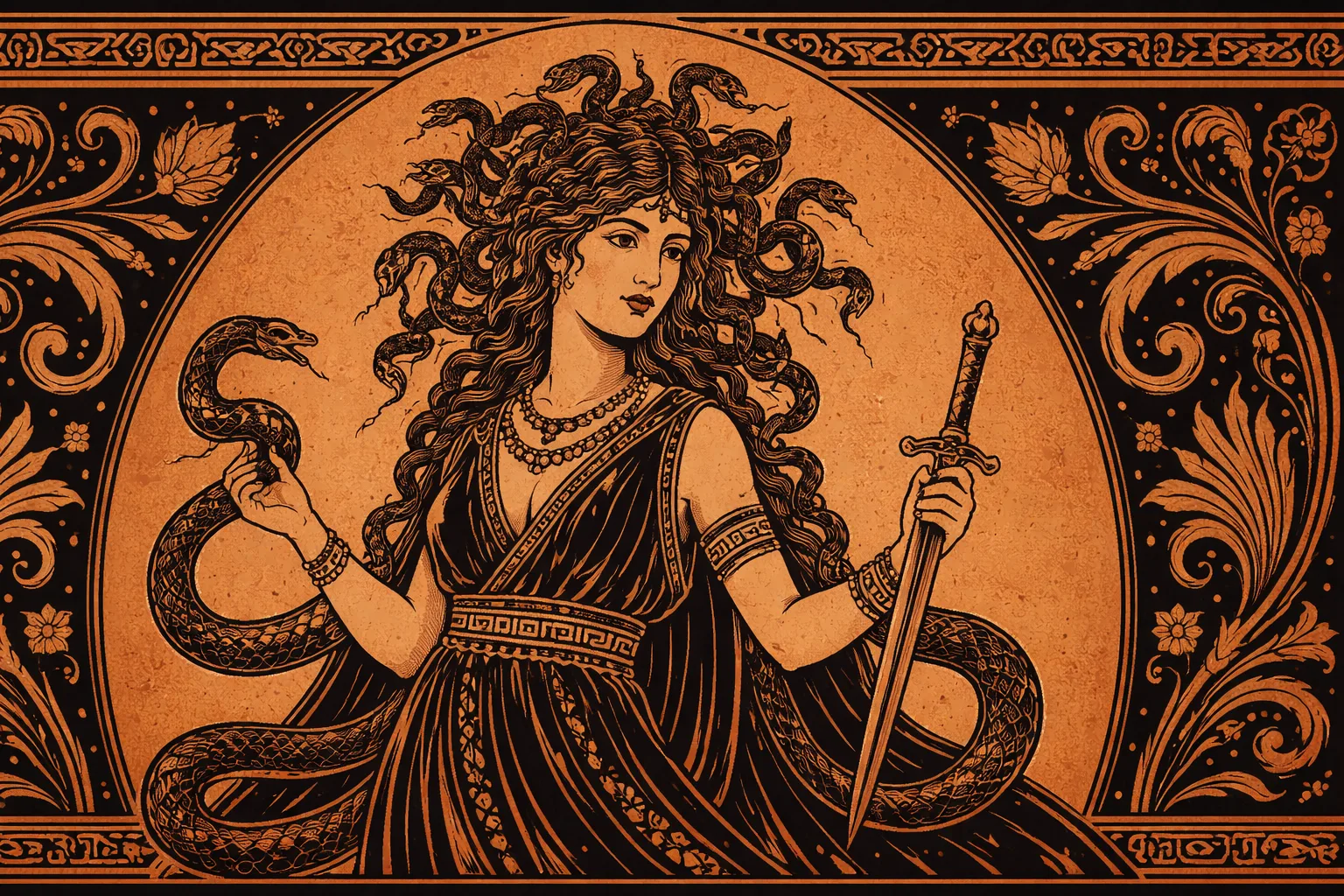 Μέδουσα σε αρχαιοελληνικό καλλιτεχνικό στυλ με φίδια στα μαλλιά, εμπνευσμένη από αγγειογραφία