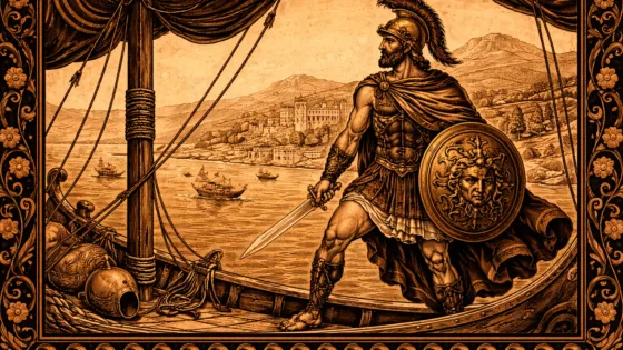 Ο Οδυσσέας σε αρχαιοελληνικό μελανόμορφο στυλ, πάνω σε πλοίο με ασπίδα και ξίφος, εμπνευσμένος από αγγειογραφία