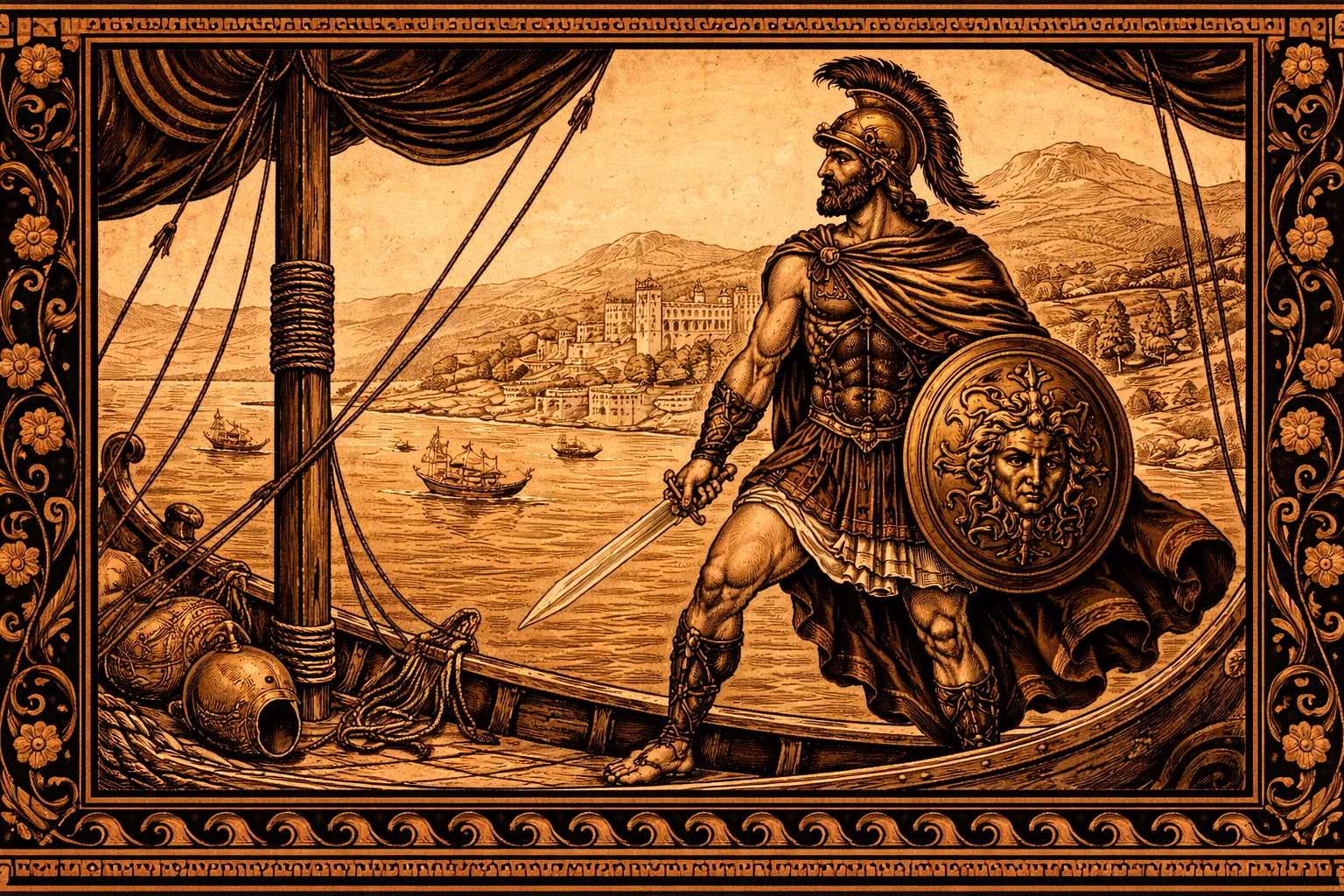 Ο Οδυσσέας σε αρχαιοελληνικό μελανόμορφο στυλ, πάνω σε πλοίο με ασπίδα και ξίφος, εμπνευσμένος από αγγειογραφία