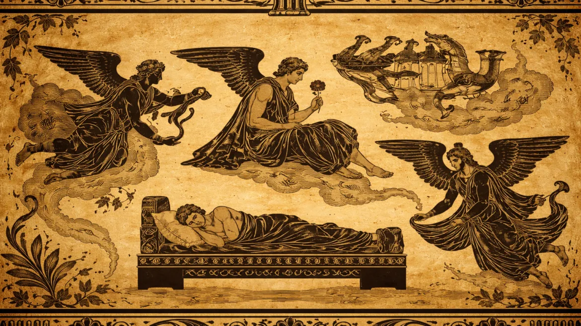 Oneiroi in style of ancient Greek angiography, winged figures around sleeping man symbolizing dreams