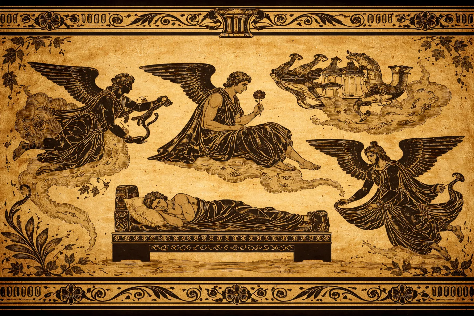 Όνειροι σε στυλ αρχαίας ελληνικής αγγειογραφίας, φτερωτές μορφές γύρω από κοιμώμενο άνθρωπο που συμβολίζουν τα όνειρα