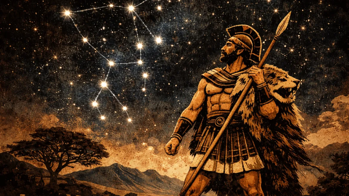 Orion the hunter in Greek mythology, depicted under Orion's constellation in style of ancient Greek art