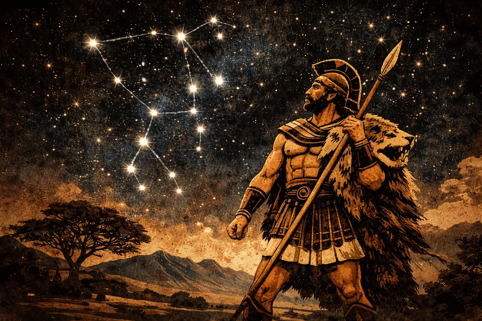 Ο Ωρίωνας ο κυνηγός στην ελληνική μυθολογία, απεικονισμένος κάτω από τον αστερισμό του Ωρίωνα σε στυλ αρχαίας ελληνικής τέχνης