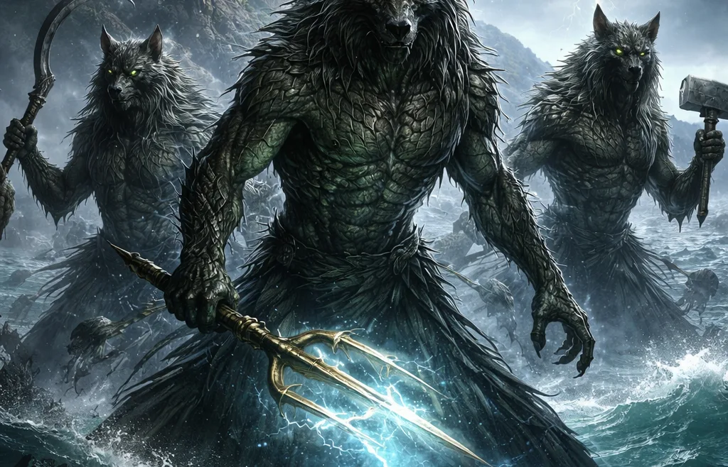 Telchines mythology – marine demon beings with tridents in a storm